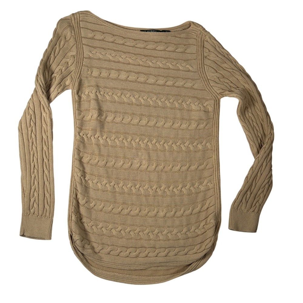 Lauren Ralph Lauren Tan Cable Knit Boat Neck Sweater Curved Hem Size M Academia